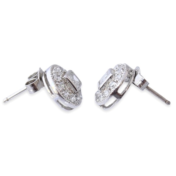 Estate Princess Cut Cubic Zirconia Sterling Silver Stud Earrings Round Halo - Picture 3 of 4